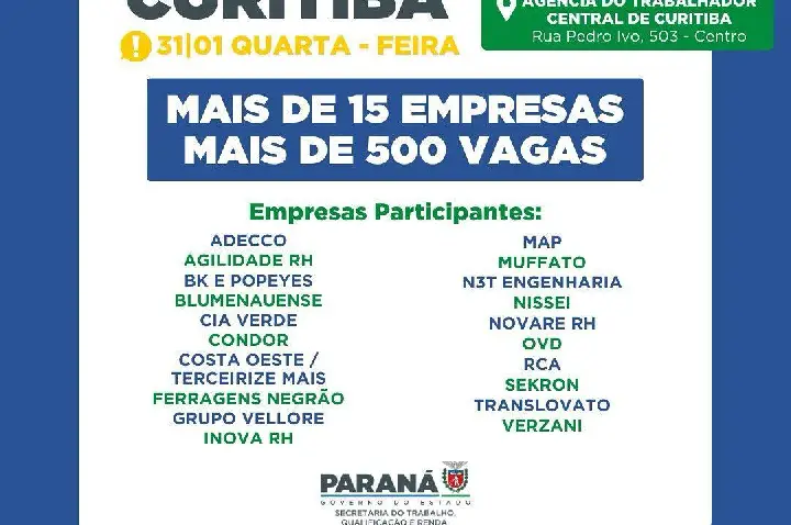 Mutirão oferta 500 vagas nesta quarta (31) em Curitiba