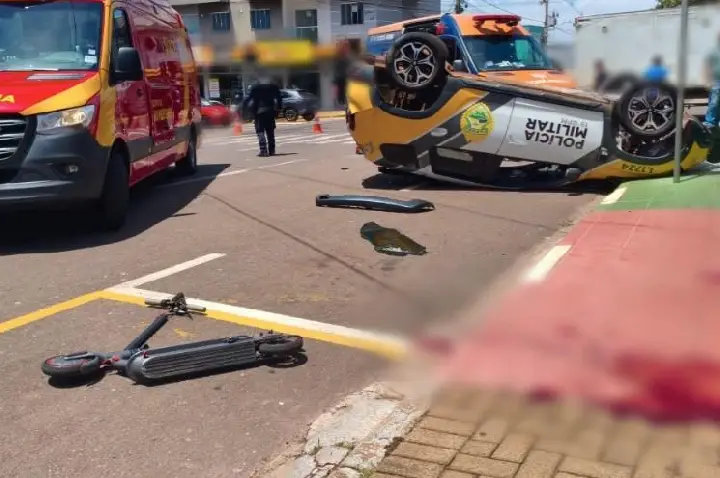 TRAGÉDIA NO CENTRO DE TOLEDO: Viatura da PM Capota, Colide com Furgão e Atropela Jovem em Patinete; Vítima Luta Pela Vida