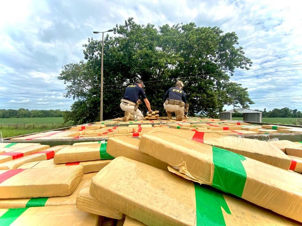 Polícia apreende 1,1 tonelada de maconha escondida no teto de um caminhão, em Santa Terezinha de Itaipu