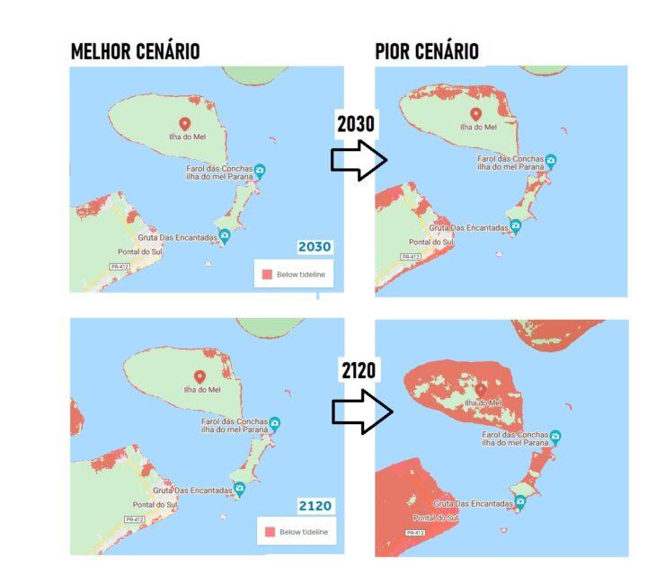 Estudos mostram Ilha do Mel e o resto do litoral paranaense desfigurados pela subida do mar já em 2030