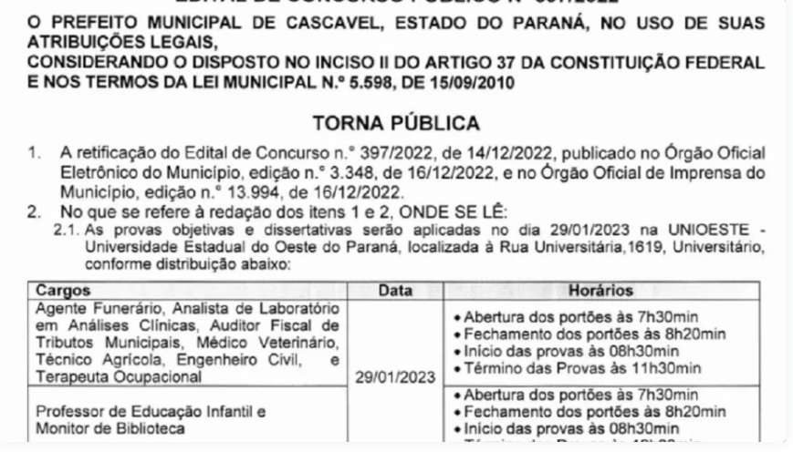 Com nova data concurso público da Prefeitura de Cascavel é confirmada no diário oficial