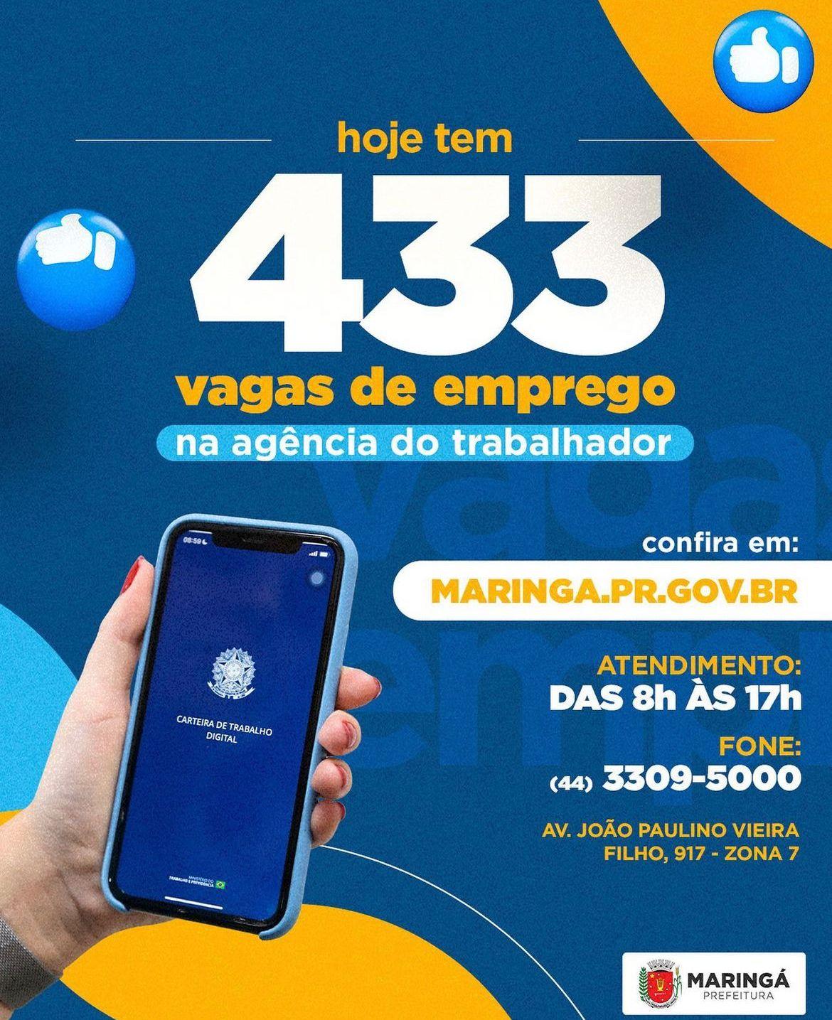 Maringá tem 433 vagas de empregos disponíveis na Agência do Trabalhador