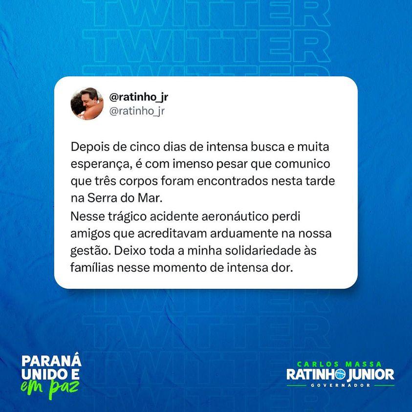 Governador do Paraná Ratinho Junior lamenta mortes de piloto e servidores em avião encontrado na Serra do Mar
