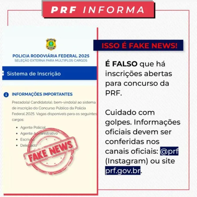 Concurso PRF para 1.142 vagas é FAKE e corporação faz alerta
