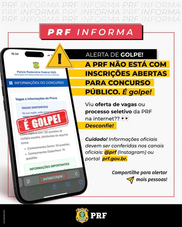 ATENÇÃO PRF INFORMA: Alerta! Site anunciando seleção para carreira da PRF é FRAUDE