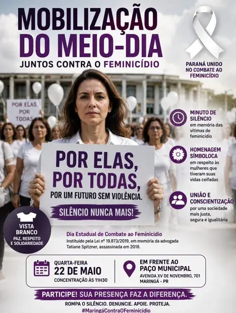 Maringá terá ‘Mobilização do Meio-Dia’ contra o feminicídio nesta quarta-feira (22).