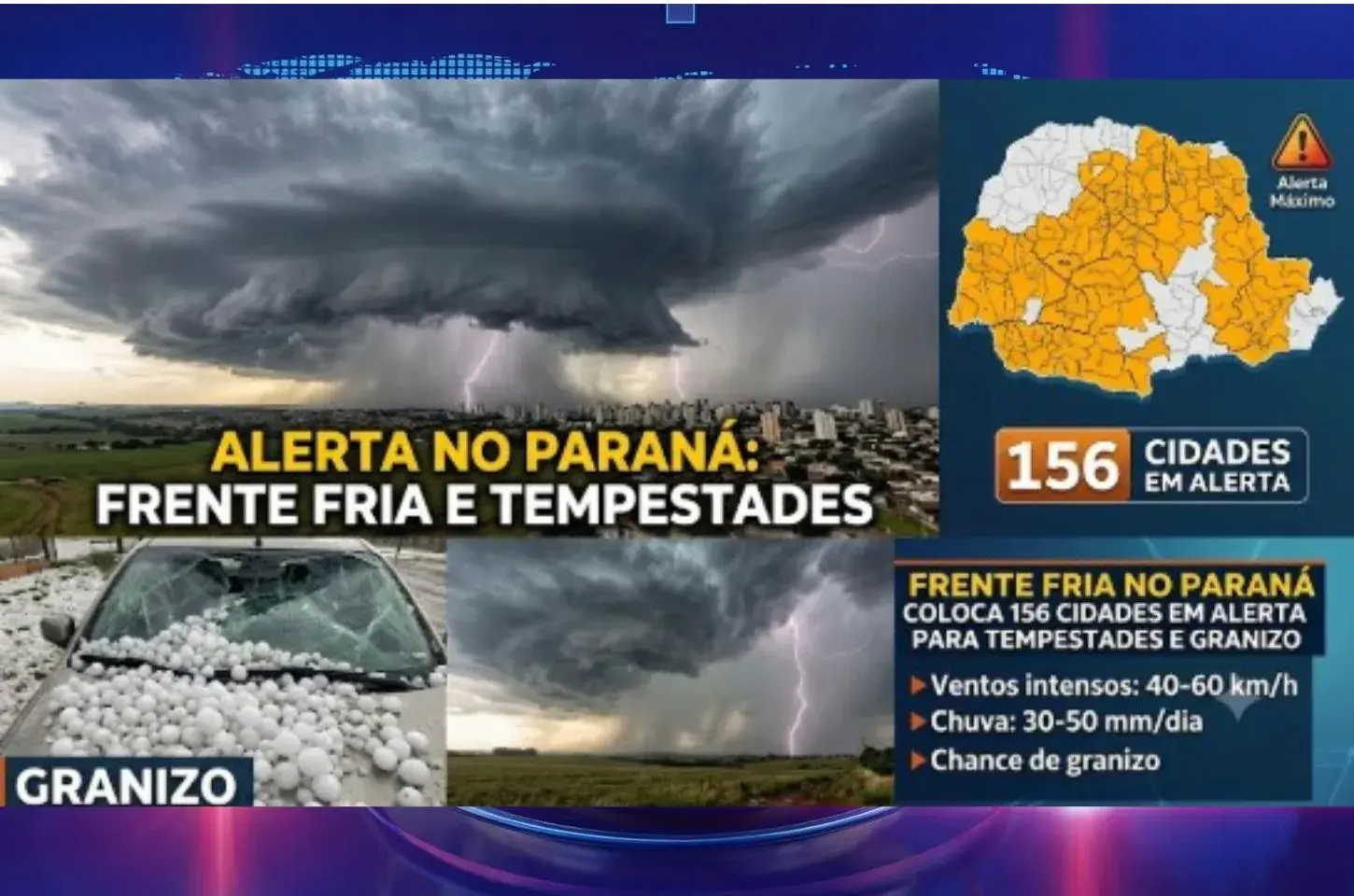 Frente fria no Paraná coloca 156 cidades em alerta para tempestades e granizo