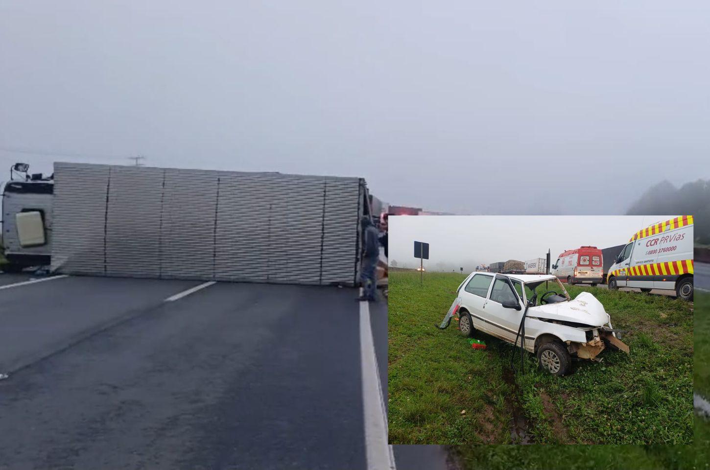 Acidente na BR-376 deixa rodovia bloqueada após caminhão tombar no Paraná