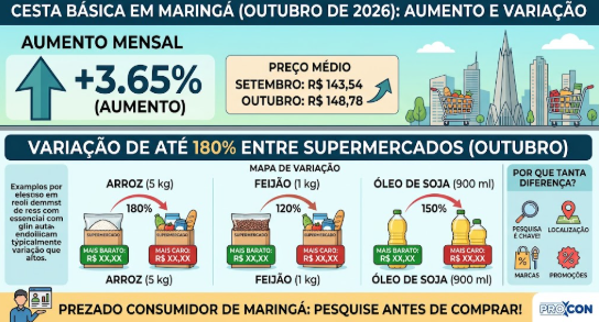 Cesta básica em Maringá sobe 3,65% em outubro com variação de até 180%