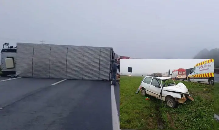 Acidente na BR-376 deixa rodovia bloqueada após caminhão tombar no Paraná
