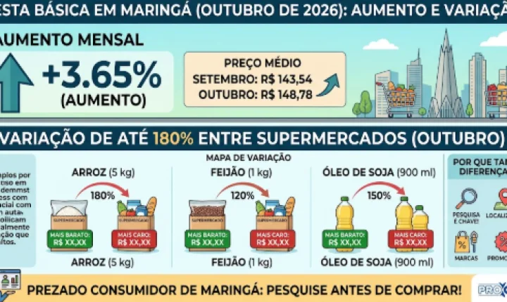 Cesta básica em Maringá sobe 3,65% em outubro com variação de até 180%