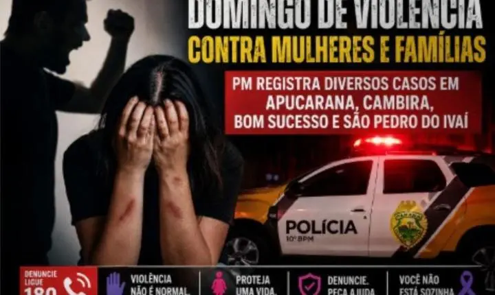 PM registra sequência de casos de violência doméstica em Apucarana, Cambira, Bom Sucesso e São Pedro do Ivaí; agressões mobilizam equipes durante todo o domingo